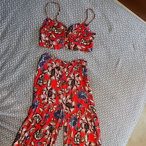 Free People Red Floral Wide-Leg Jumpsuit Set